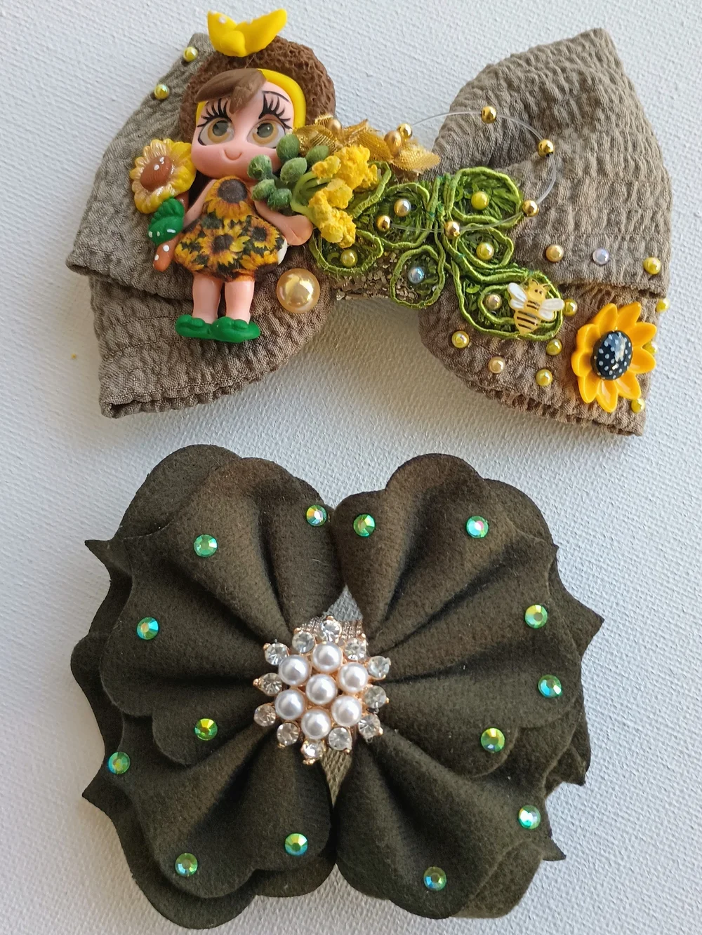 Handmade Sunflower Girl Hair Bow Ser - Rhinestone Floral Hair Accessories.